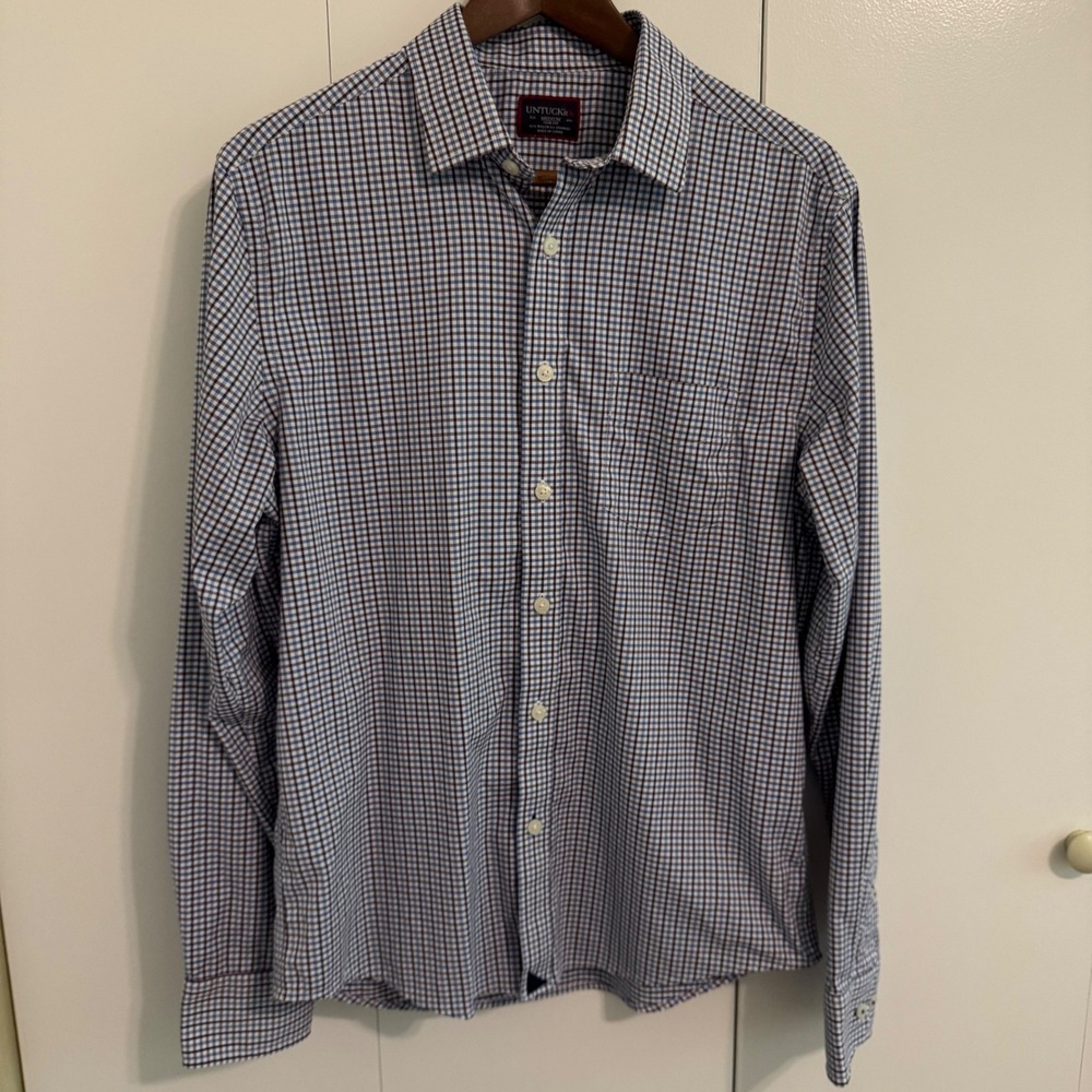 UNTUCKit Sheldrake Purple Blue Check Slim Fit Performance Shirt Mens Medium